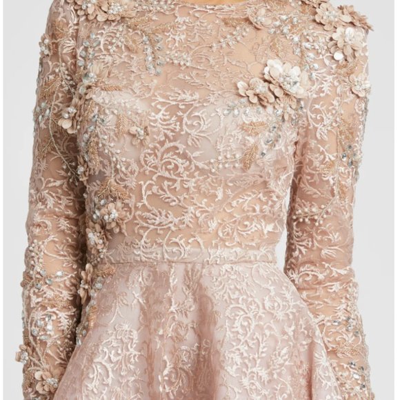 Mac Duggal Floral Embroidered & Beaded Long Sleeve A-Line Mesh Gown - Picture 4 of 5